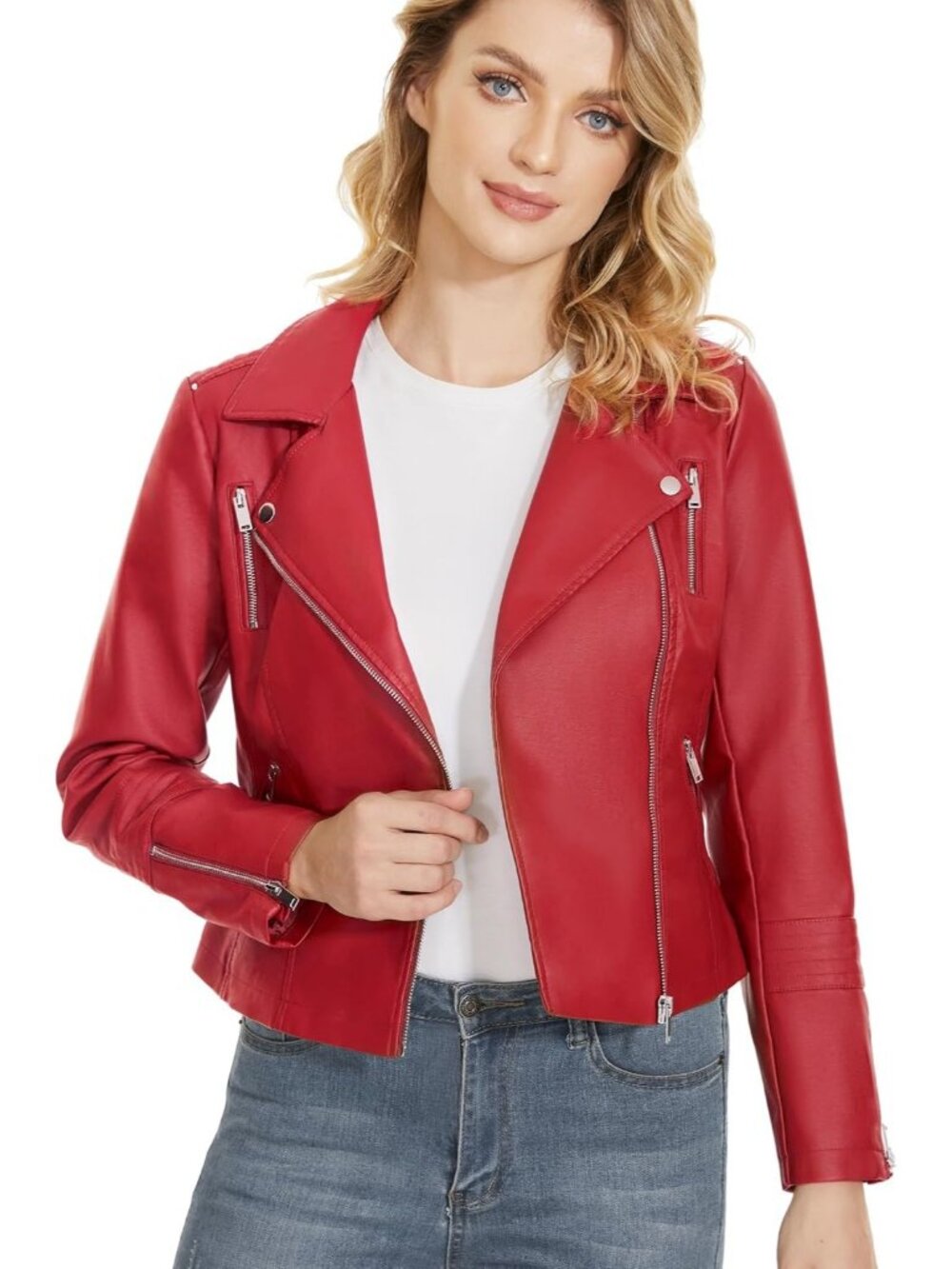 Women's Red Lapel Faux Leather Moto Jacket Multiple Colors Zip-Up Biker Coats